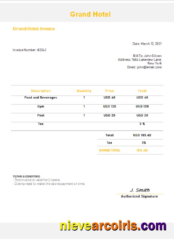 USA Grand Hotel invoice